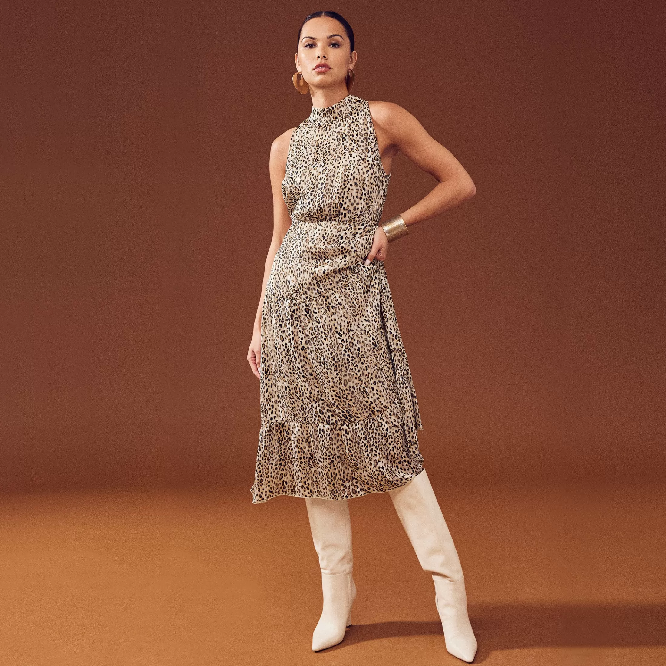 Womens Sam Edelman Leaf Embroidered High Neck Midi Dress