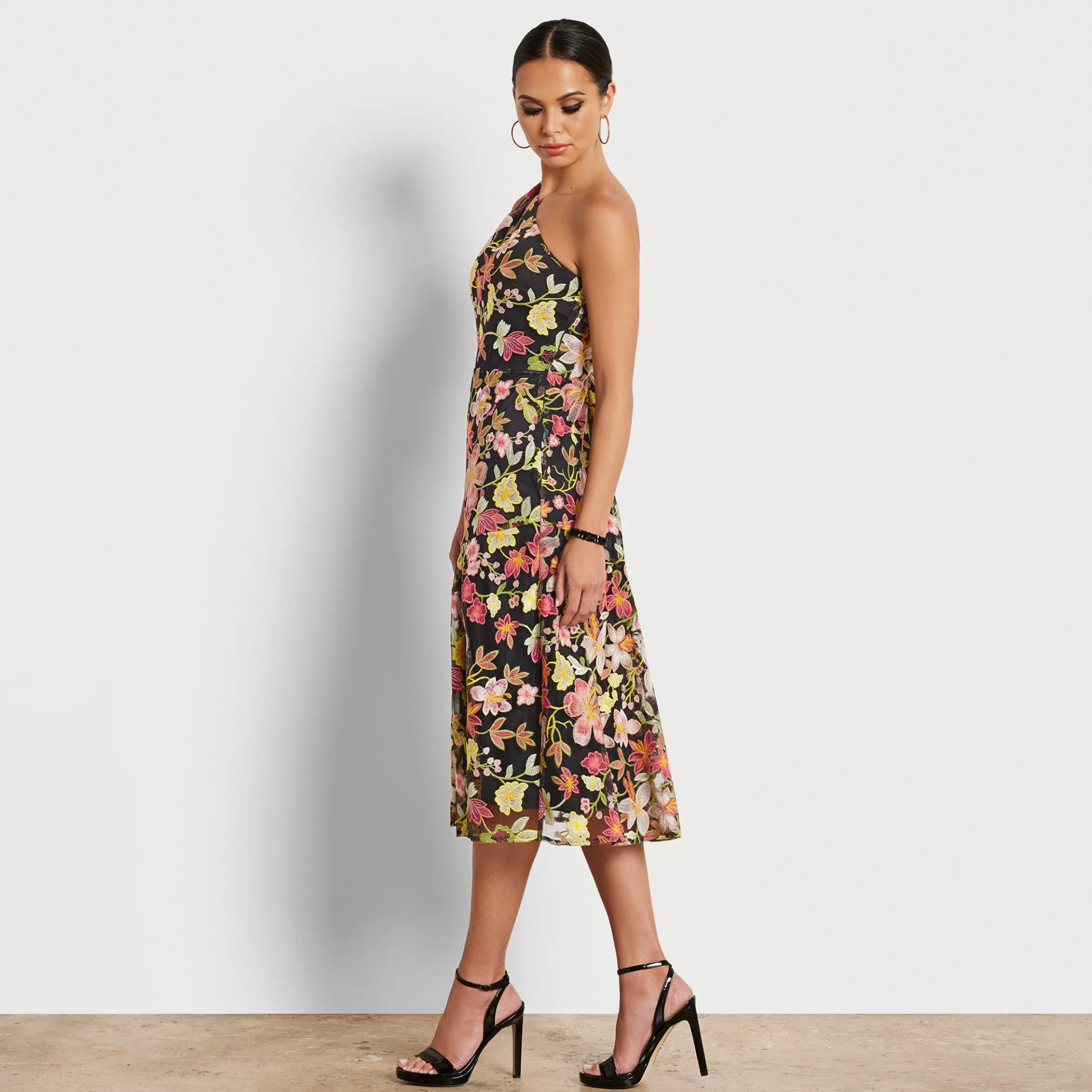 Womens Sam Edelman One Shoulder Embroidered Floral Midi Dress